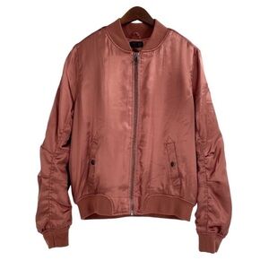 TOPSHOP Rustic Rose Gold Satin Bomber Jacket. Size US 8. Functional pockets